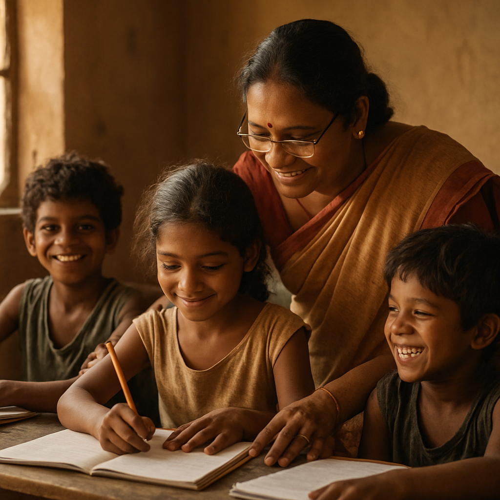 A teacher helping young children with their lessons